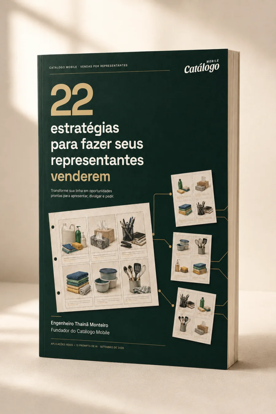 O e-book 22 estratégias em mockup de livro, com a capa verde e dourada