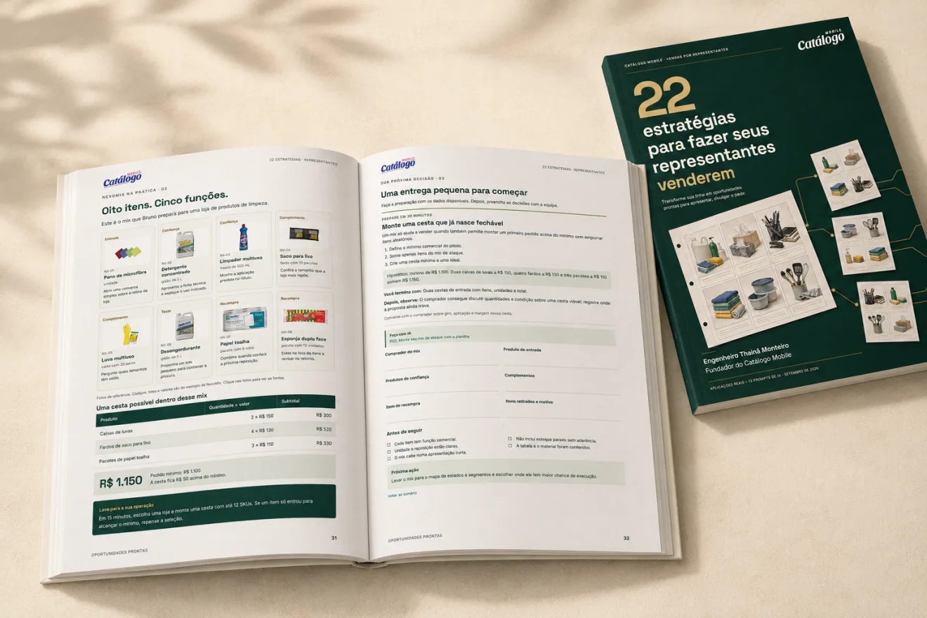 Mockup do livro aberto mostrando o exemplo de mix de produtos e a ficha de ação