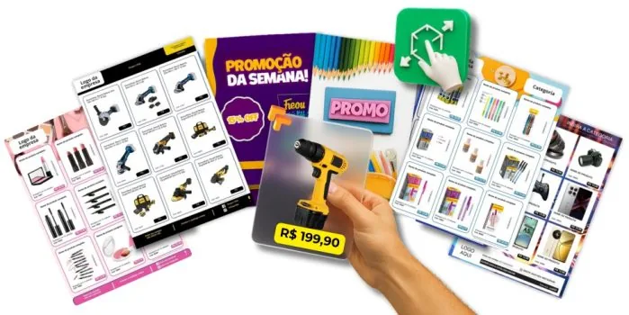 Modelos reais de catálogos de produtos do Kit Catálogo de Sucesso para editar no Canva