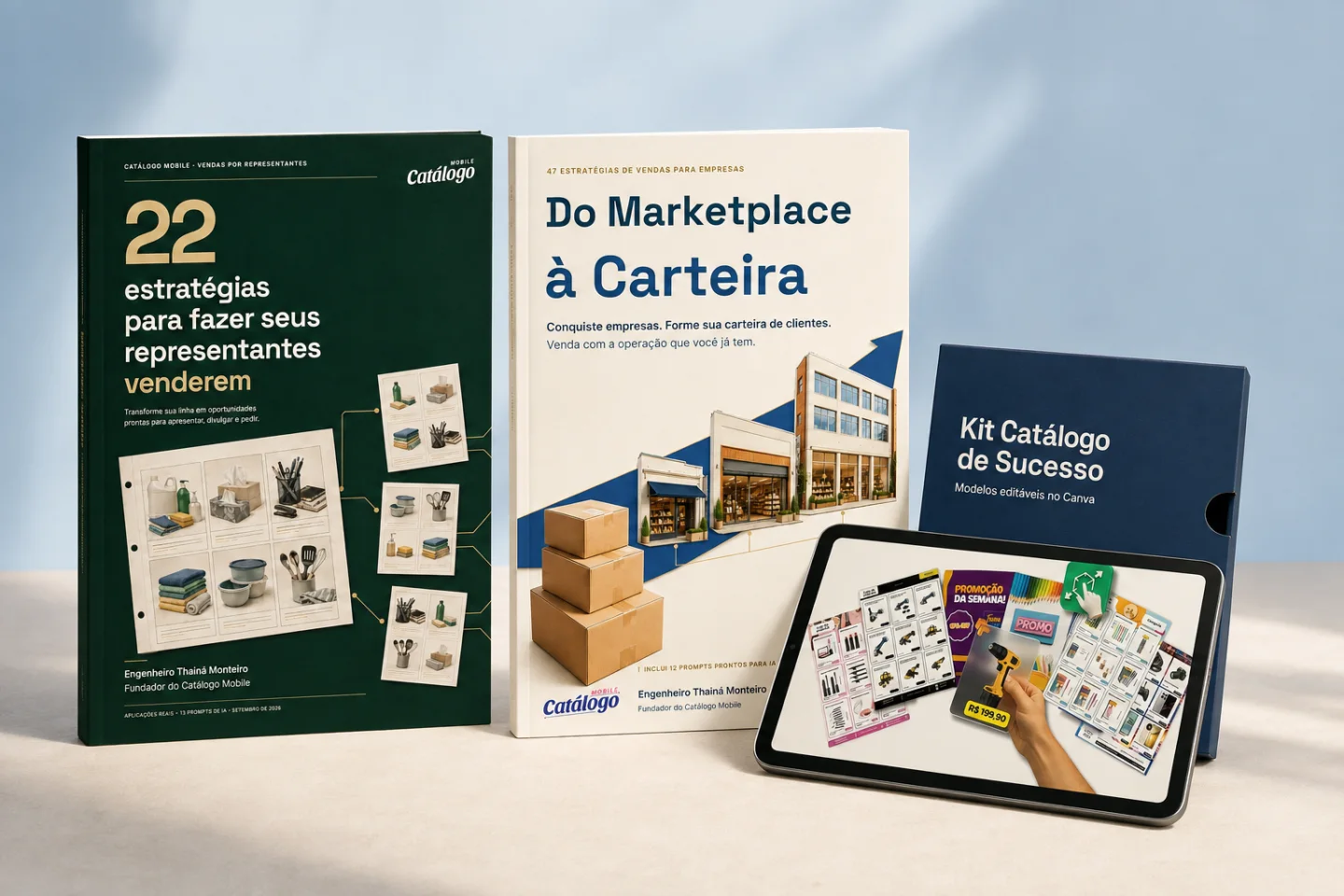 Os dois e-books e o Kit Catálogo de Sucesso reunidos em um mockup do combo de materiais